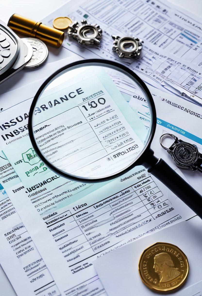 A close-up of a magnifying glass hovering over a stack of insurance policy documents, revealing hidden secrets symbolized by glowing icons of shields and dollar signs. In the background, a smart phone displaying a user-friendly insurance app, surrounded by coins and a calendar. Soft focus on the edges to enhance the central theme. modern illustrative style. vibrant colors. white background.