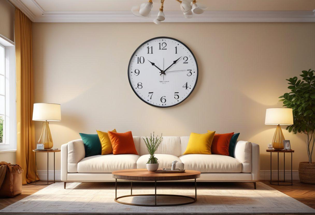 A modern, inviting living room with a family seated comfortably while reviewing insurance documents, surrounded by symbols of protection like shields and umbrellas. Include a large wall clock emphasizing time management and smart choices. The ambiance is warm with soft lighting, showcasing happiness and security. super-realistic. vibrant colors. cozy atmosphere.