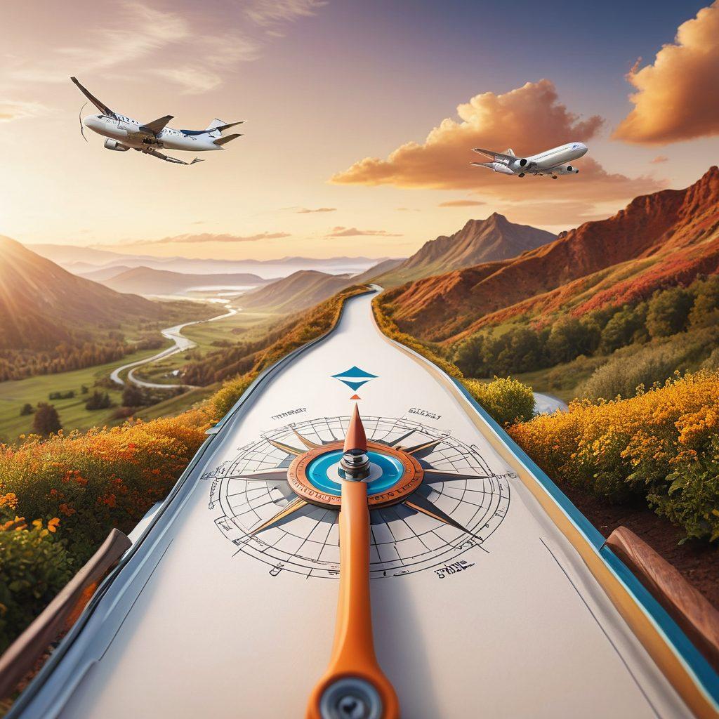 A visually engaging compass overlaying a diverse landscape representing different types of insurance coverage—home, health, auto, and travel—each with distinct symbols (like a house, stethoscope, car, and airplane). In the background, a serene pathway leading to a bright horizon symbolizing clarity and guidance. The color palette is warm and inviting, conveying a sense of trust and security. super-realistic. vibrant colors. white background.